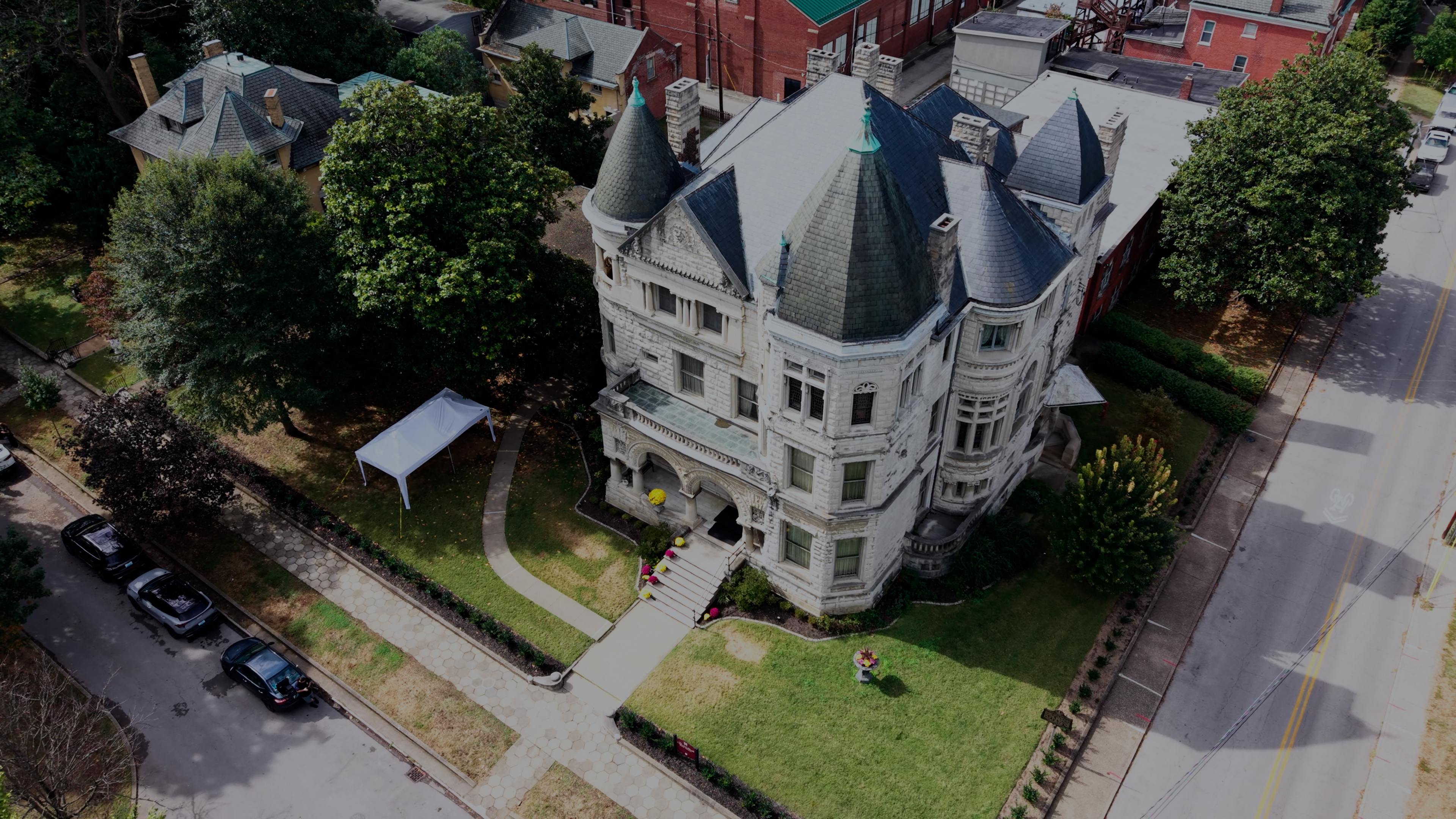 Aerial view of the residence from an angled approach